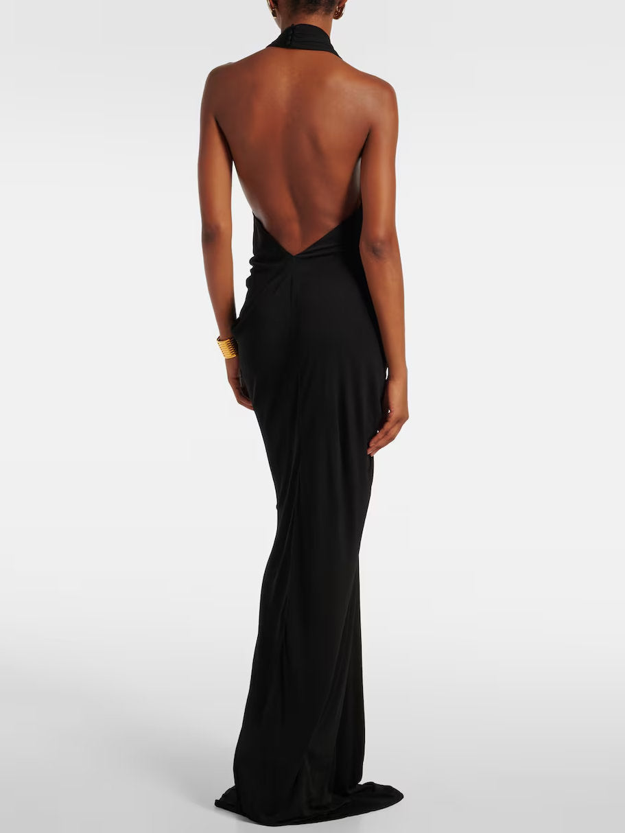 Black Ruched Halter Jersey Gown - Dresses