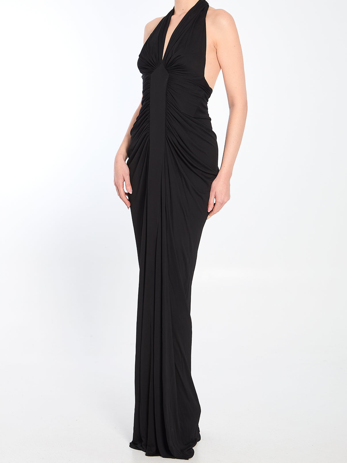 Black Ruched Halter Jersey Gown - Dresses