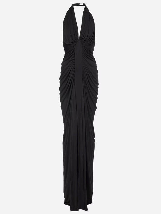 Black Ruched Halter Jersey Gown - Dresses