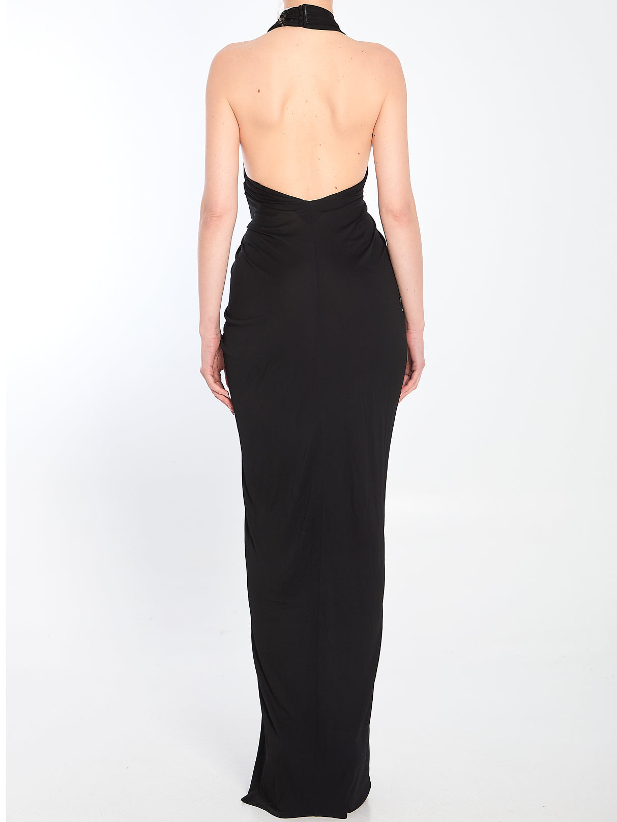 Black Ruched Halter Jersey Gown - Dresses