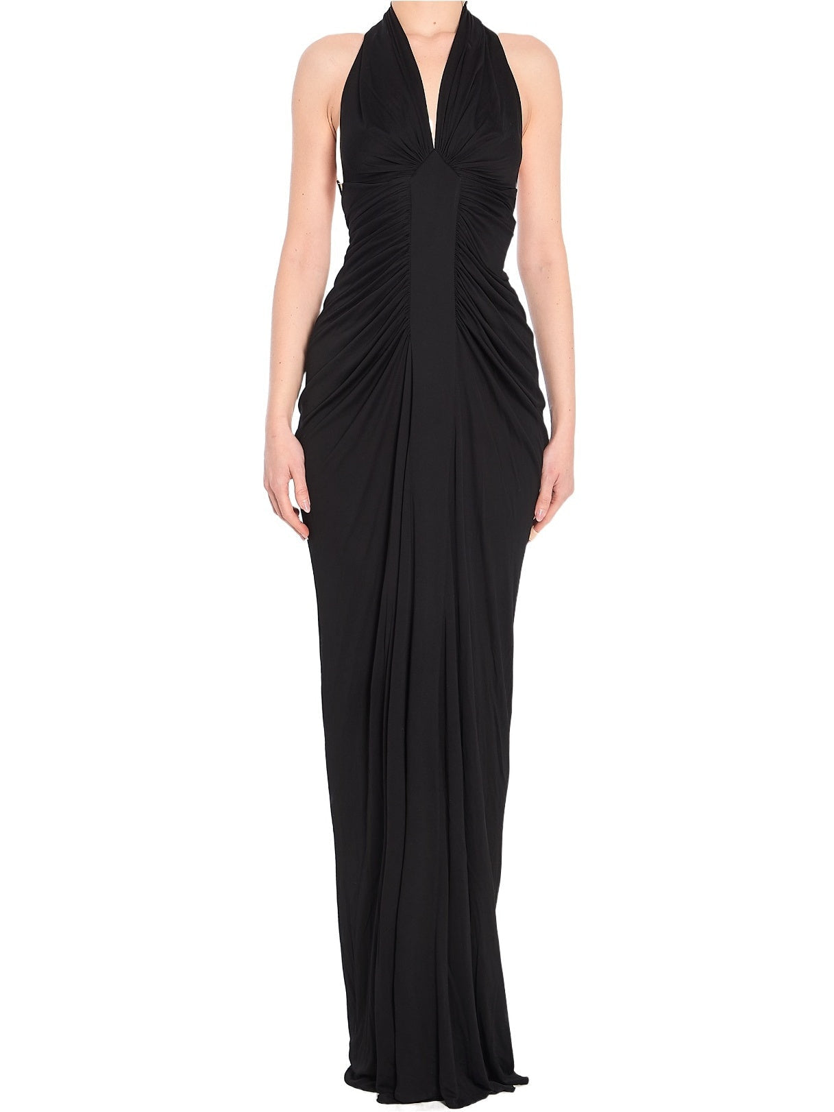 Black Ruched Halter Jersey Gown - Dresses