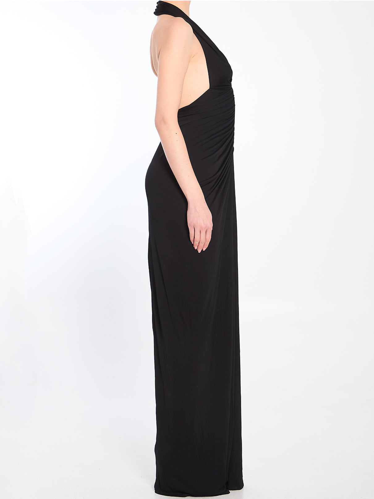Black Ruched Halter Jersey Gown - Dresses