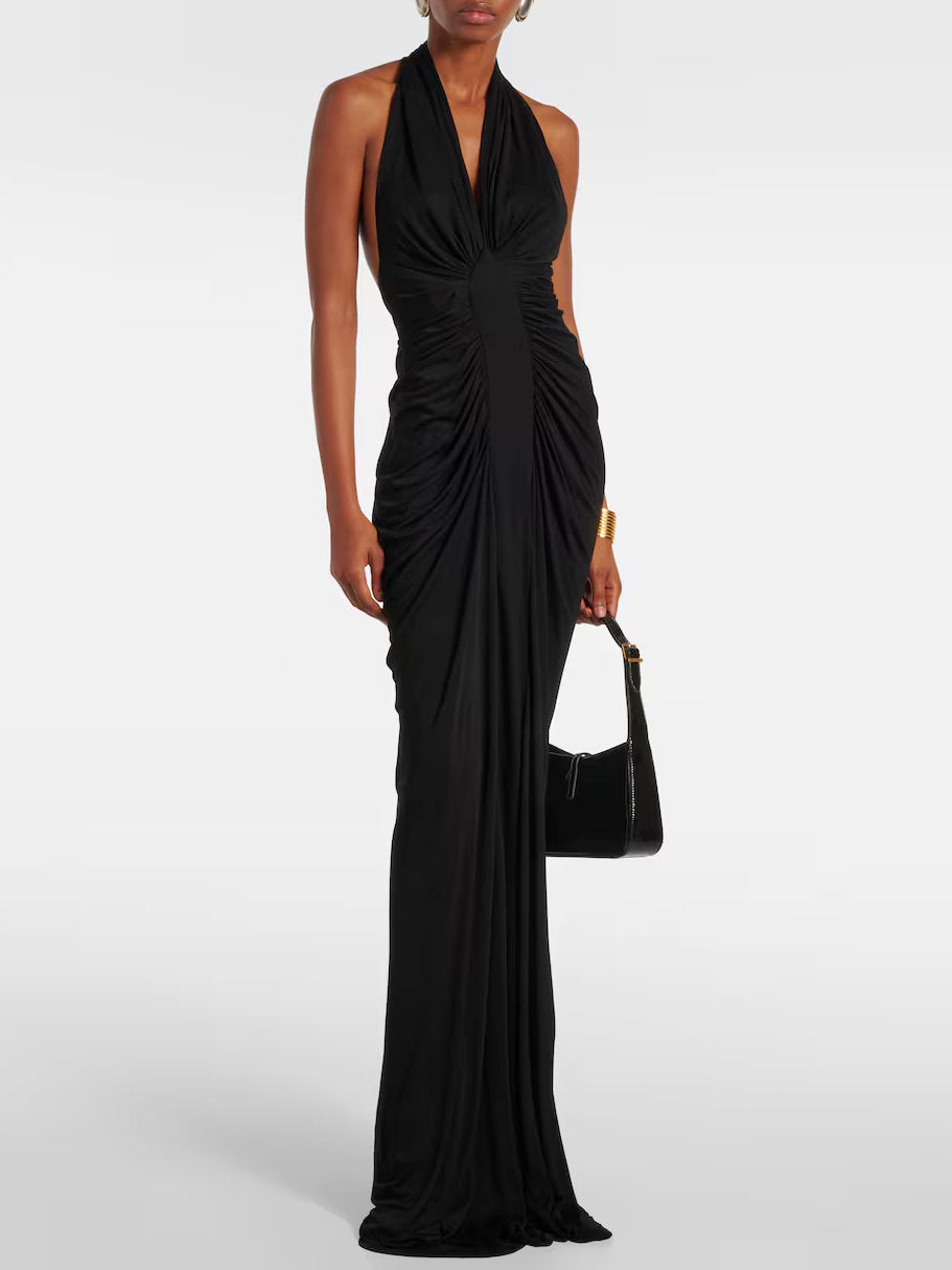 Black Ruched Halter Jersey Gown - Dresses