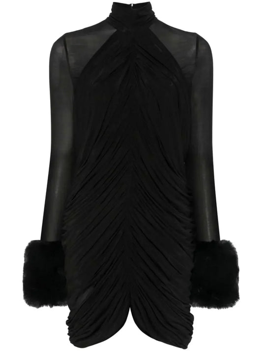 Black Ruched High-Neck Mini Dress with Fur Cuff Detail - Dresses