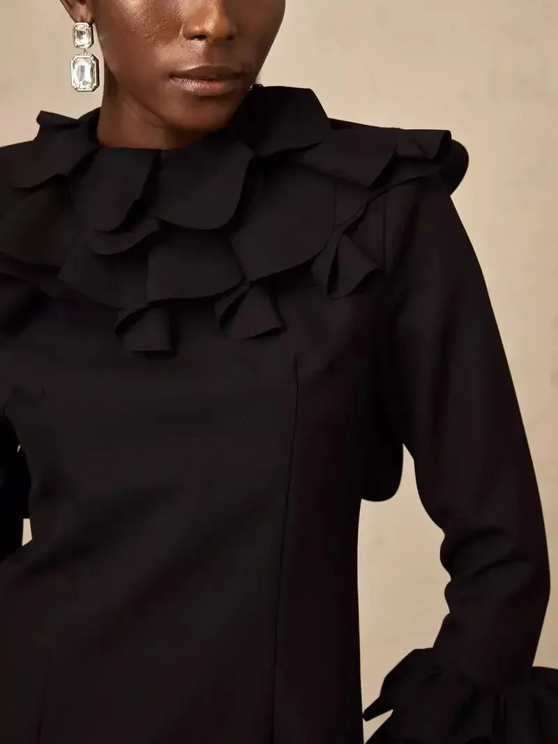 Black Ruffled Open-Back Mini Dress - Dresses