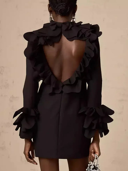 Black Ruffled Open-Back Mini Dress - Dresses