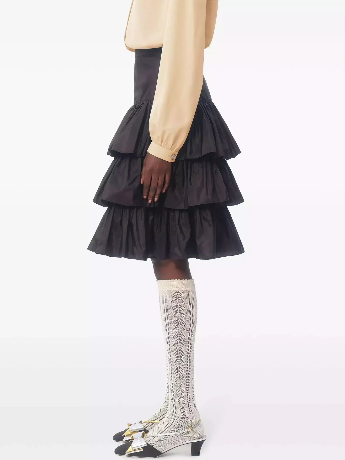 Black Ruffled Tiered Taffeta Skirt - Skirts