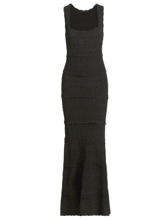 Black Scalloped Knit Paneled Sleeveless Dress - Dresses
