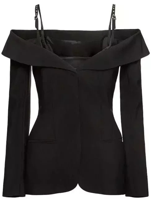 Black Sculptural Off-The-Shoulder Jacket - Jackets