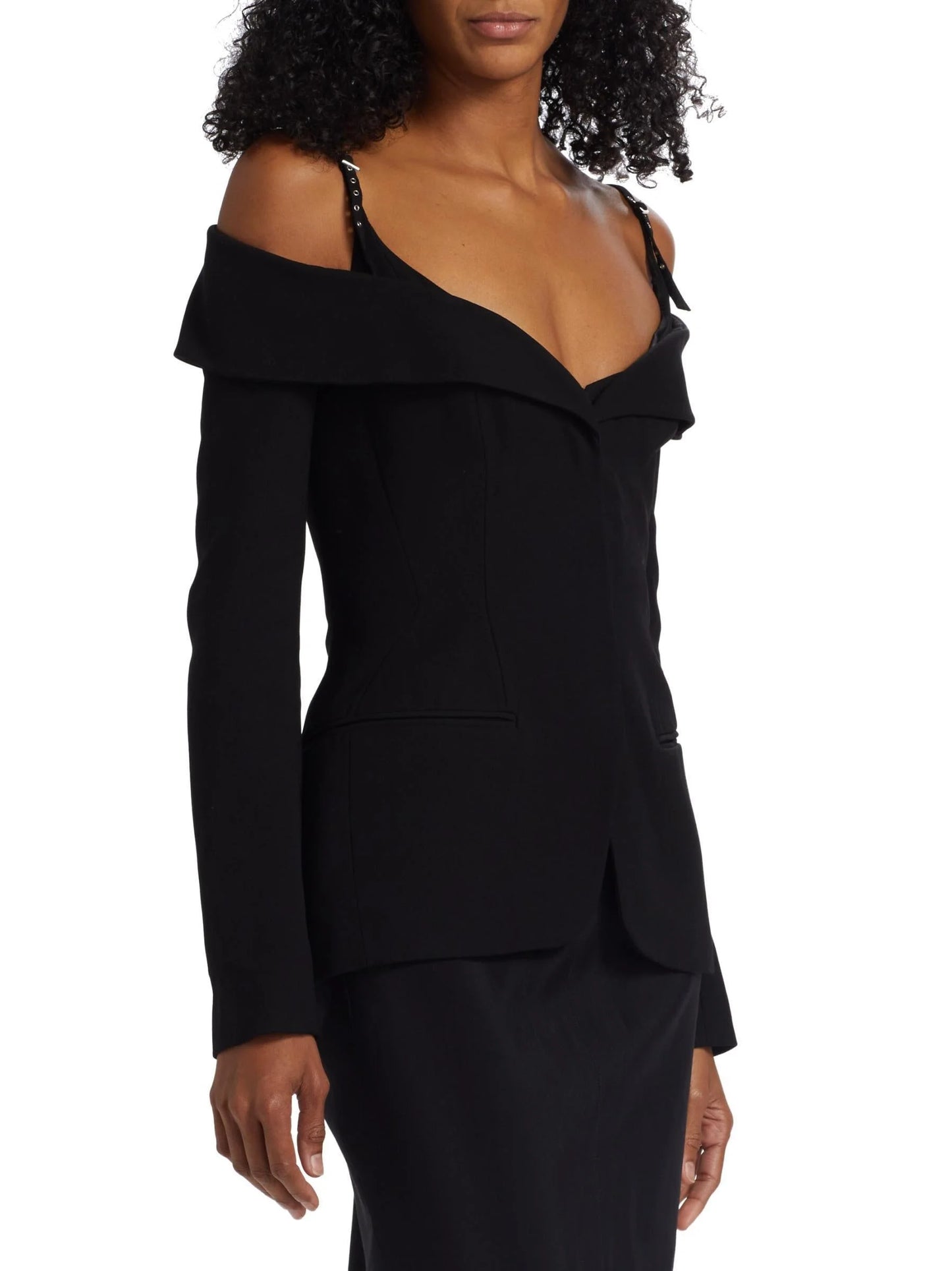 Black Sculptural Off-The-Shoulder Jacket - Jackets