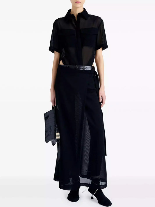 Black Semi-Sheer Maxi Shirt Dress - Dresses