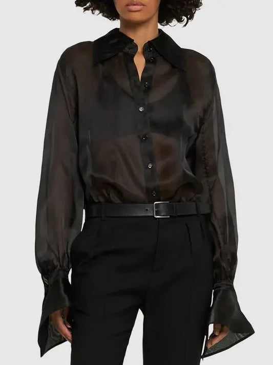 Black Semi-Sheer Shirt Bodysuit - Suits & Sets