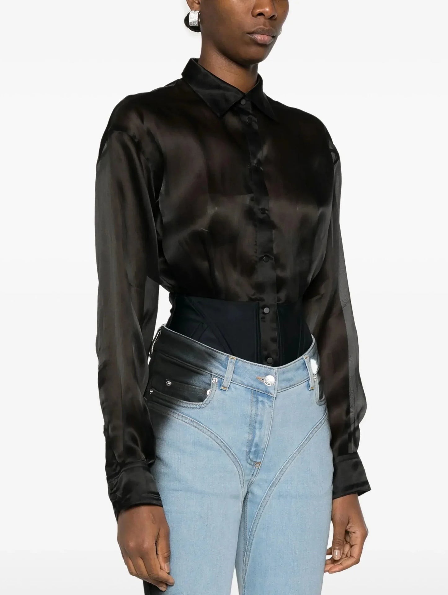 Black Semi-Sheer Shirt Bodysuit - Suits & Sets