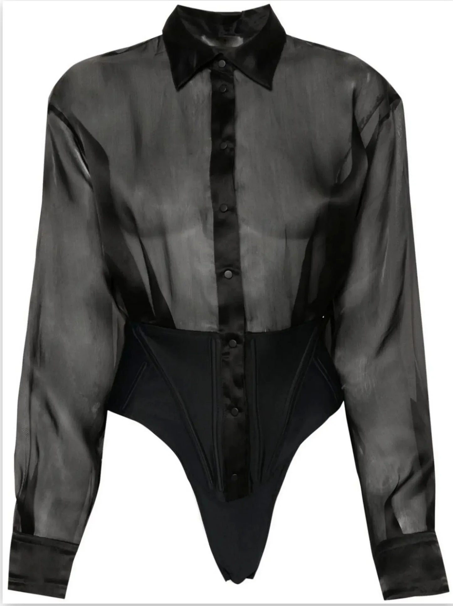 Black Semi-Sheer Shirt Bodysuit - Suits & Sets