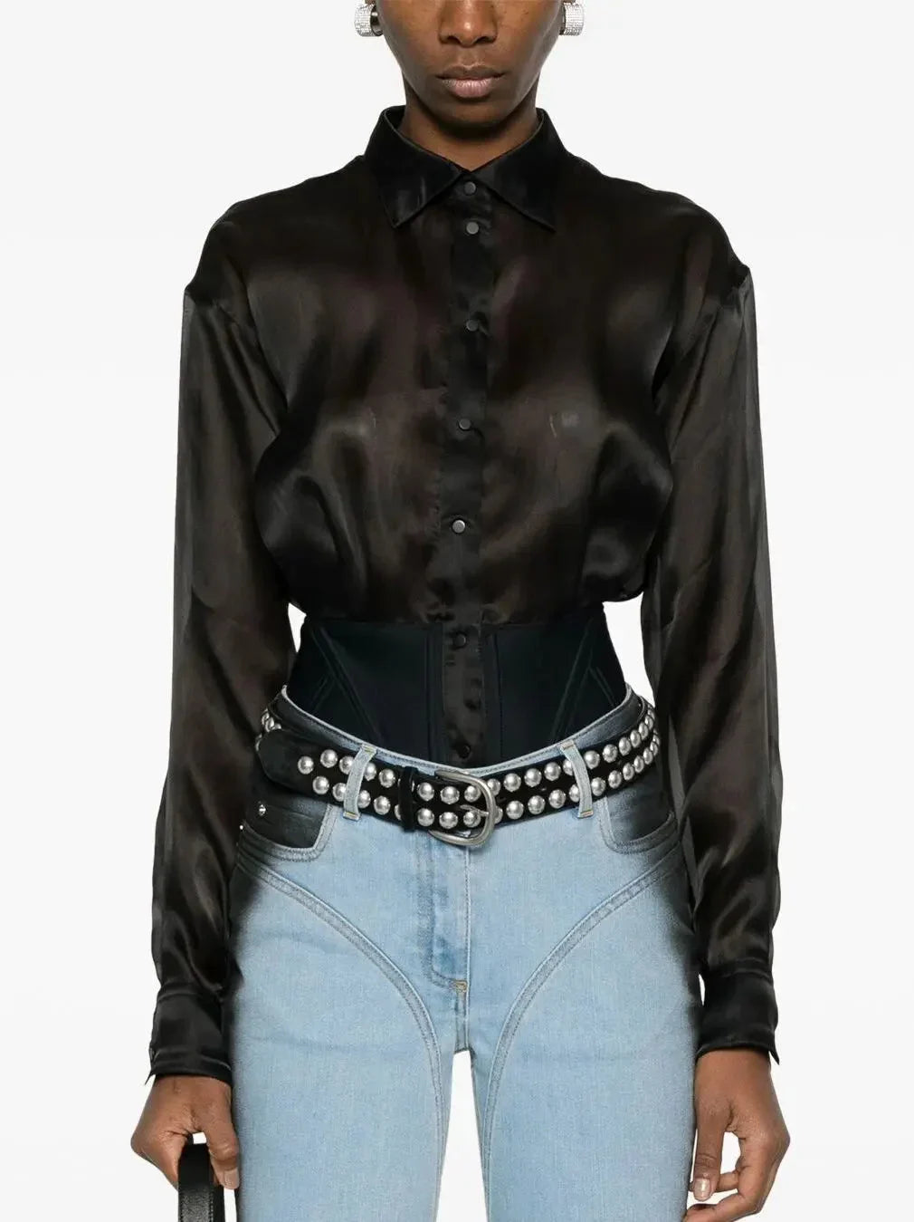 Black Semi-Sheer Shirt Bodysuit - Suits & Sets