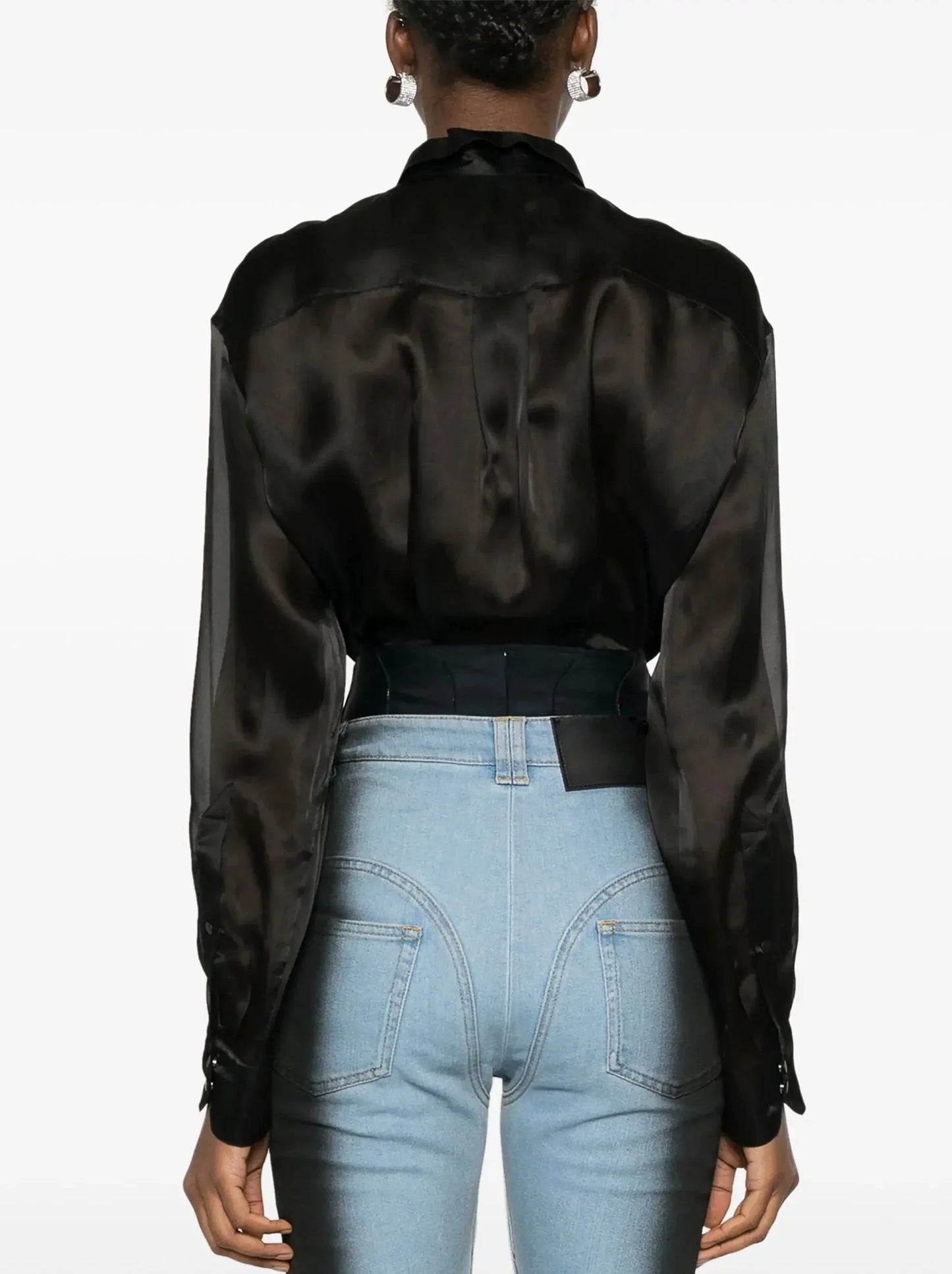 Black Semi-Sheer Shirt Bodysuit - Suits & Sets