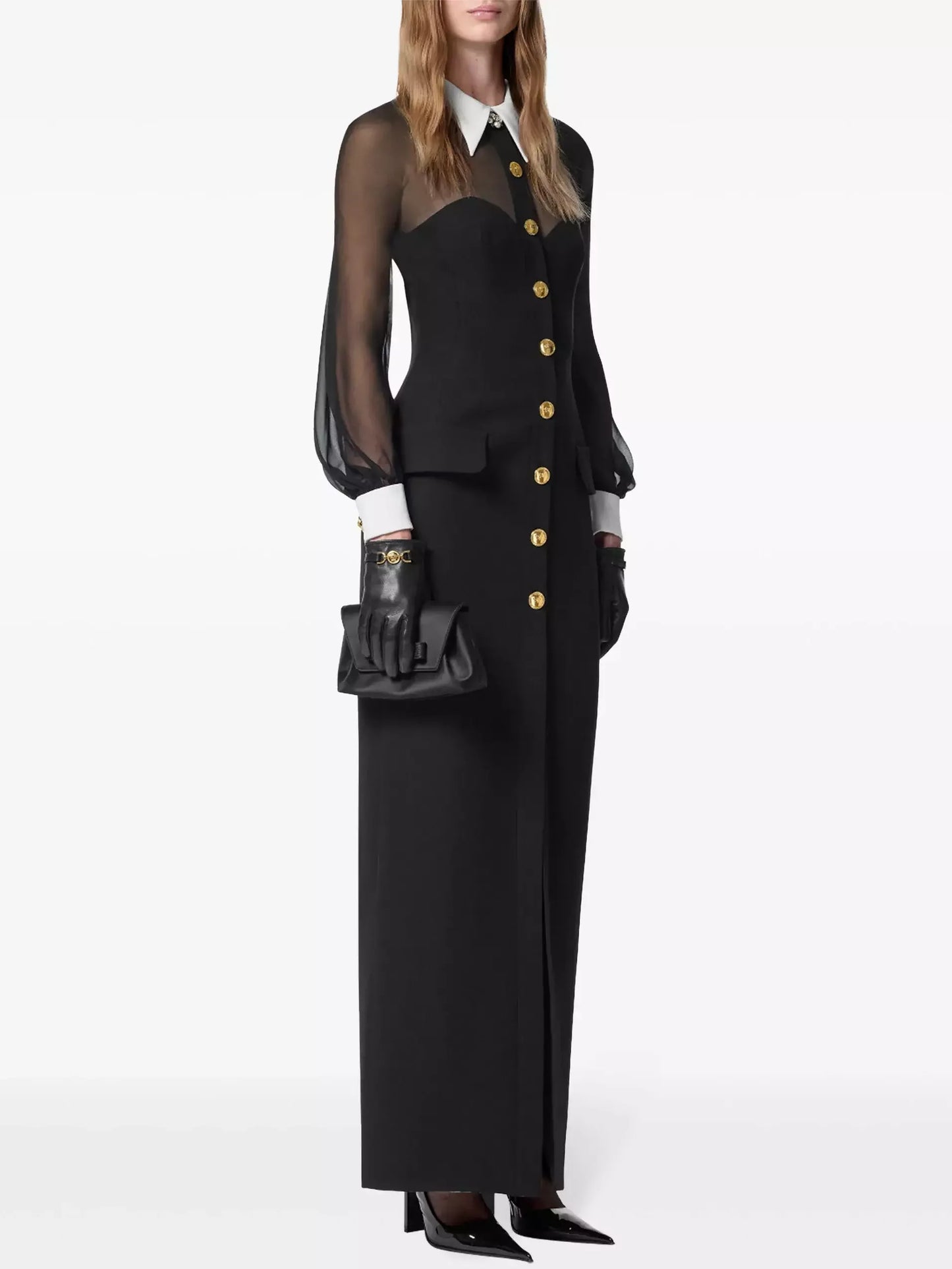 Black Semi Sheer Snap Button Closure Maxi Dress - Dresses