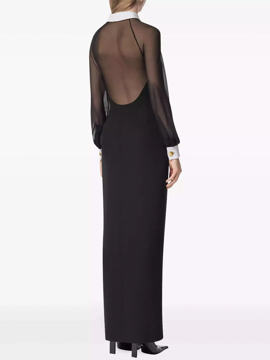 Black Semi Sheer Snap Button Closure Maxi Dress - Dresses