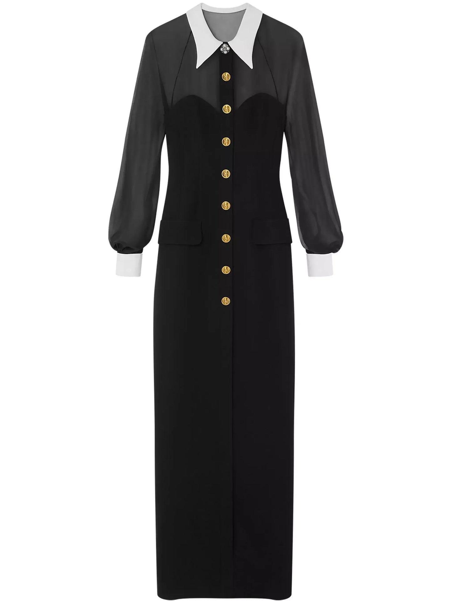 Black Semi Sheer Snap Button Closure Maxi Dress - Dresses