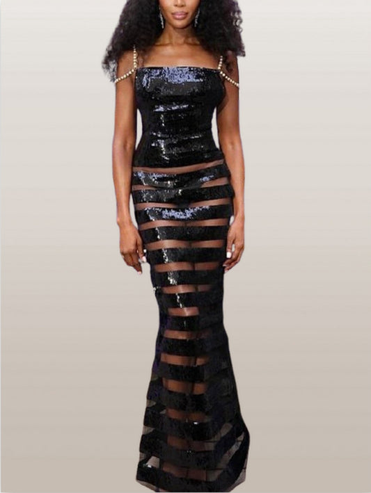 Black Sequin and Sheer-Paneled Pearl-Strap Gown - Dresses