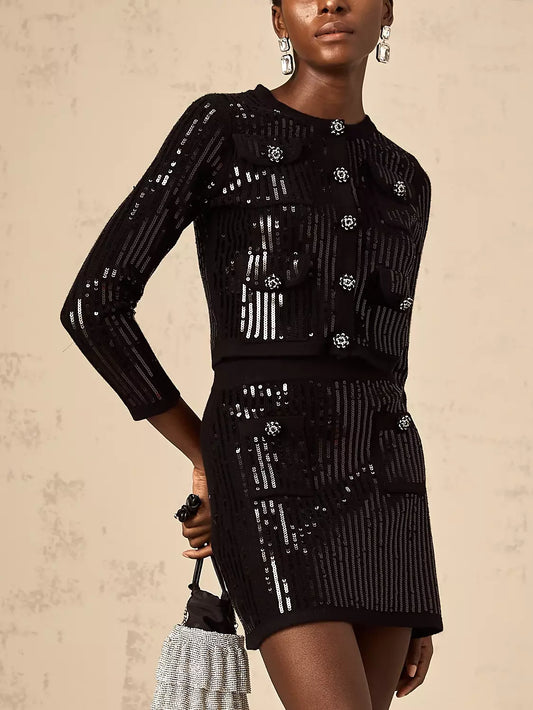 Black Sequin Cropped Cardigan and Skirt Set perfect for chic evening wear