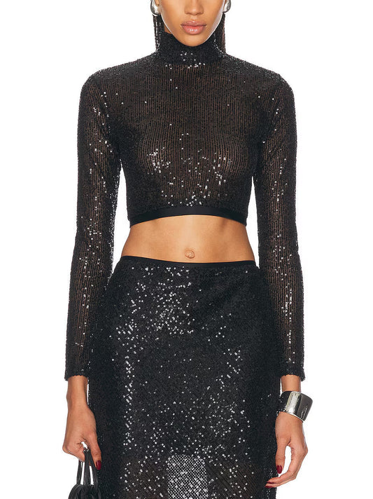 Black Sequin Embellished Crop Top and Skirt Set - Suits & Sets