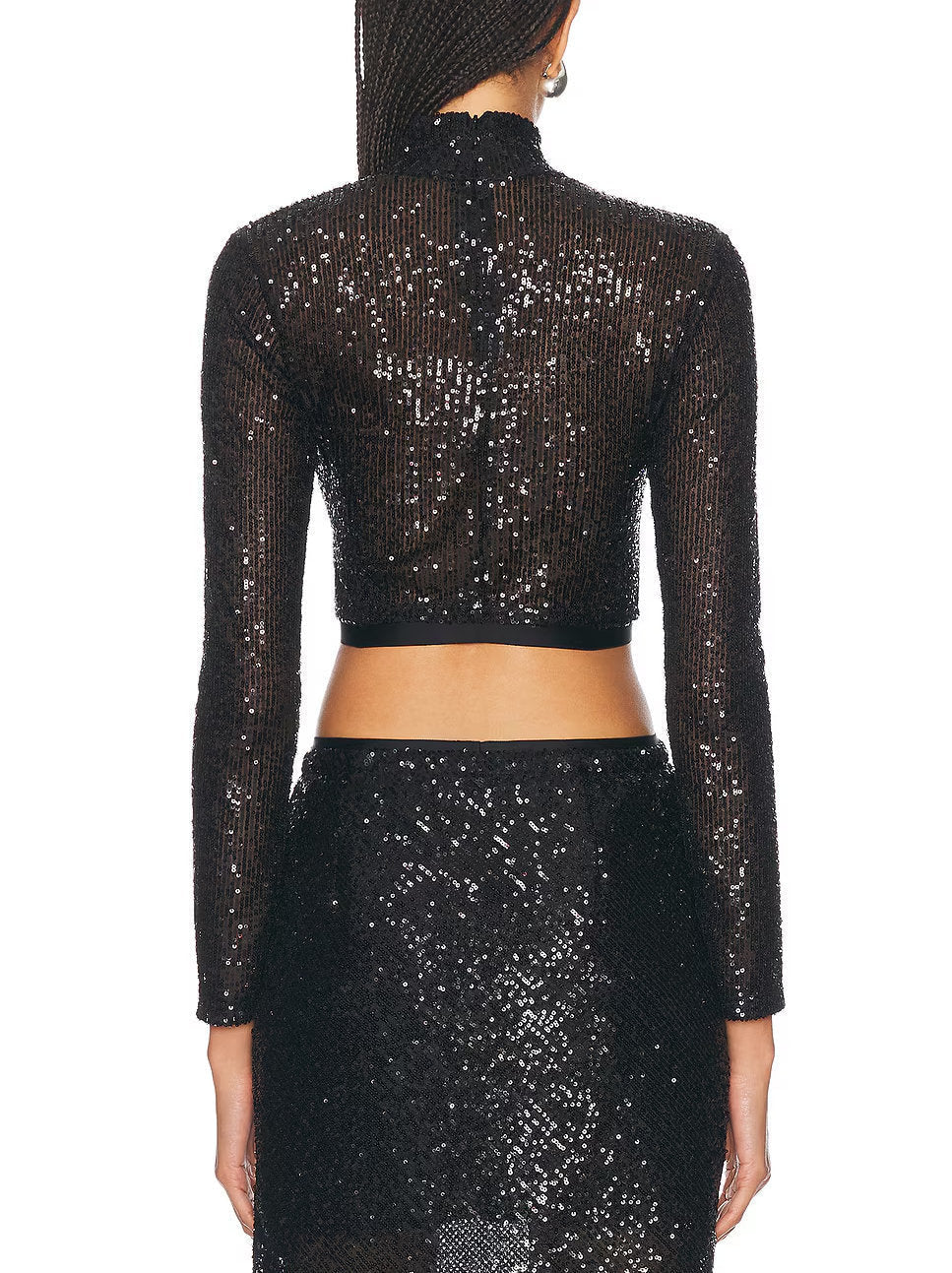 Black Sequin Embellished Crop Top and Skirt Set - Suits & Sets