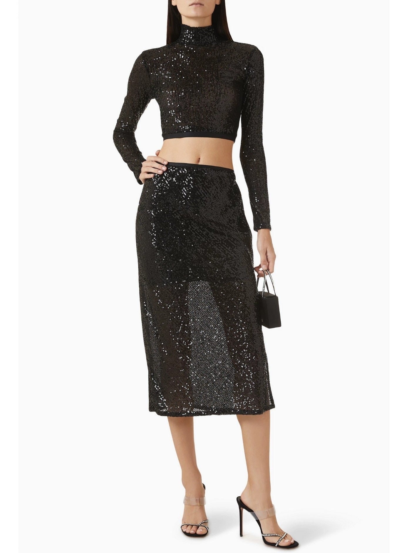Black Sequin Embellished Crop Top and Skirt Set - Suits & Sets