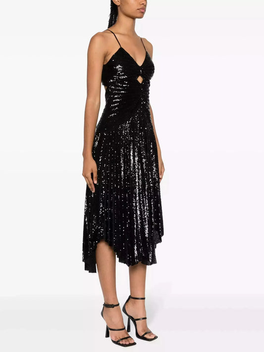 Black Sequin-Embellished Gathered Pleated Midi Dress - Dresses
