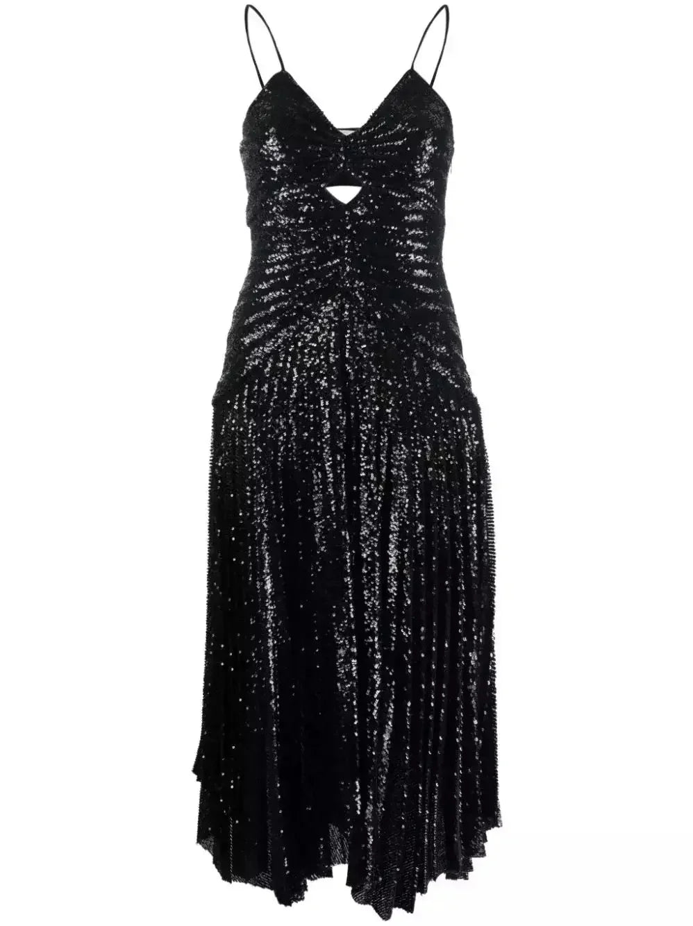 Black Sequin-Embellished Gathered Pleated Midi Dress - Dresses