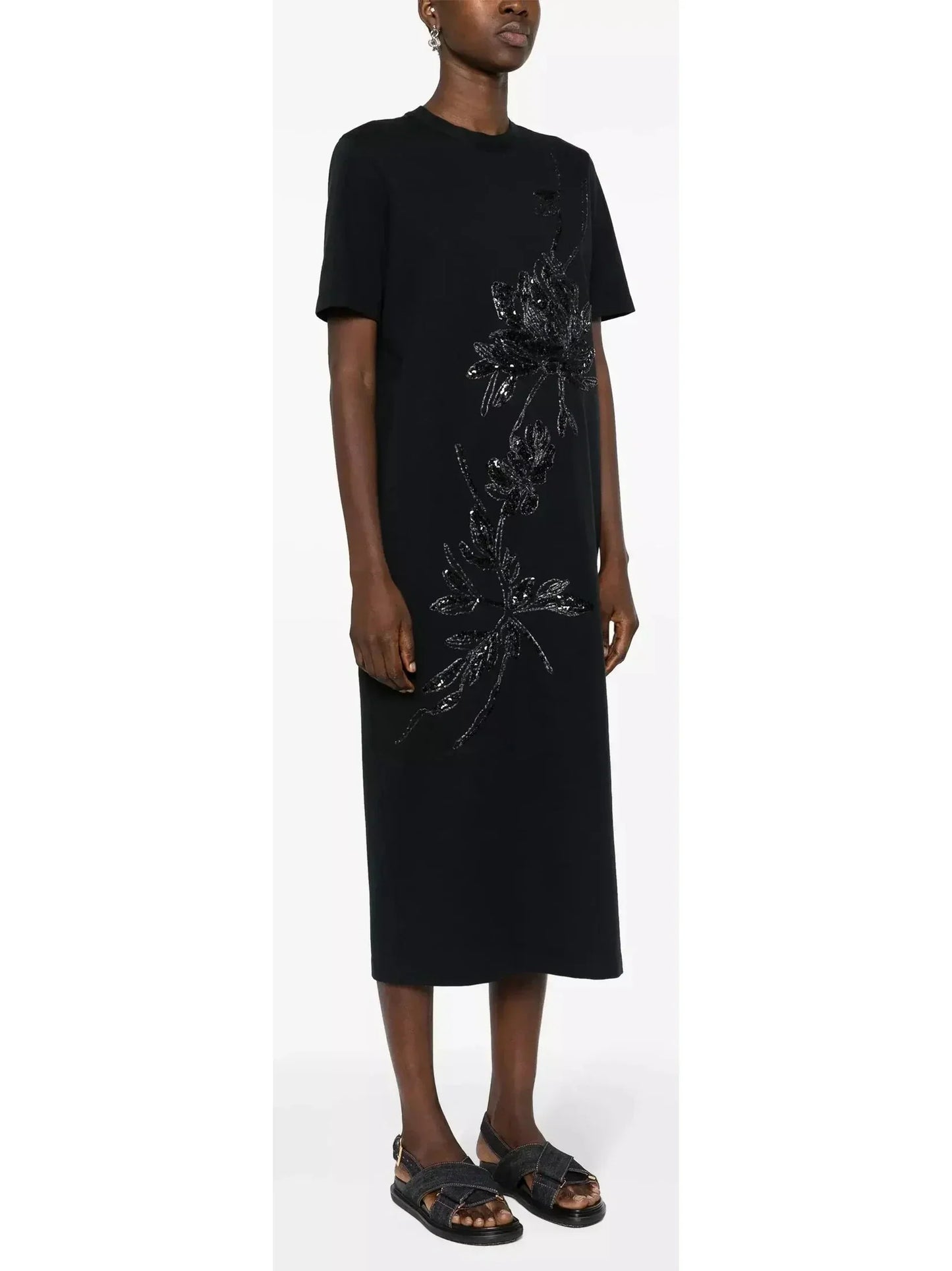 Black Sequin-Embellished Midi T-Shirt Dress - Dresses