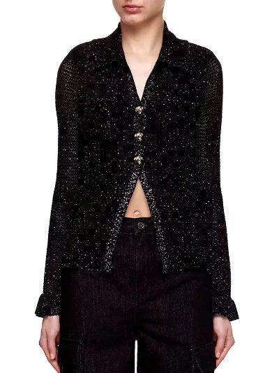 Black Sequin-Embellished Open-Knit Cardigan - Sweaters & Knitwear
