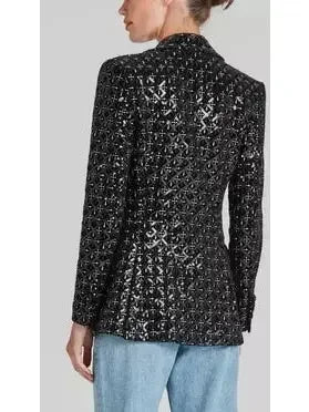 Black Sequin-Embellished Single-Breasted Fitted Jacket and Flared Pant Suit - Suits & Sets