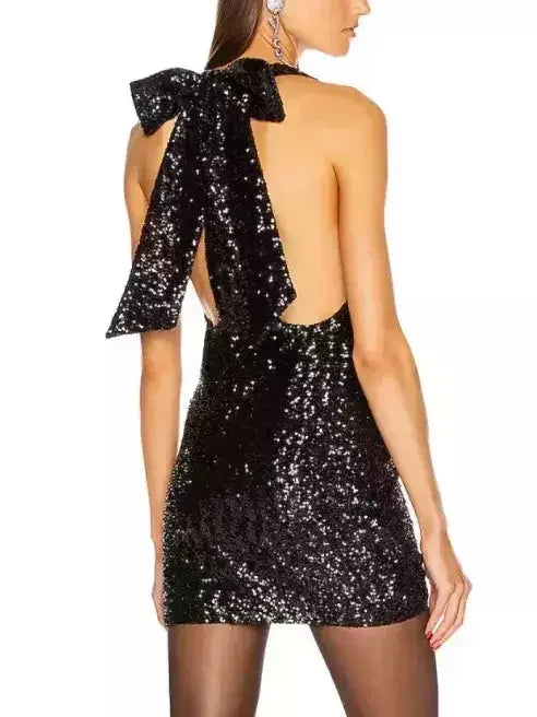 Black Sequin Low-Scoop Neckline Big Bow Mini Dress - Dresses