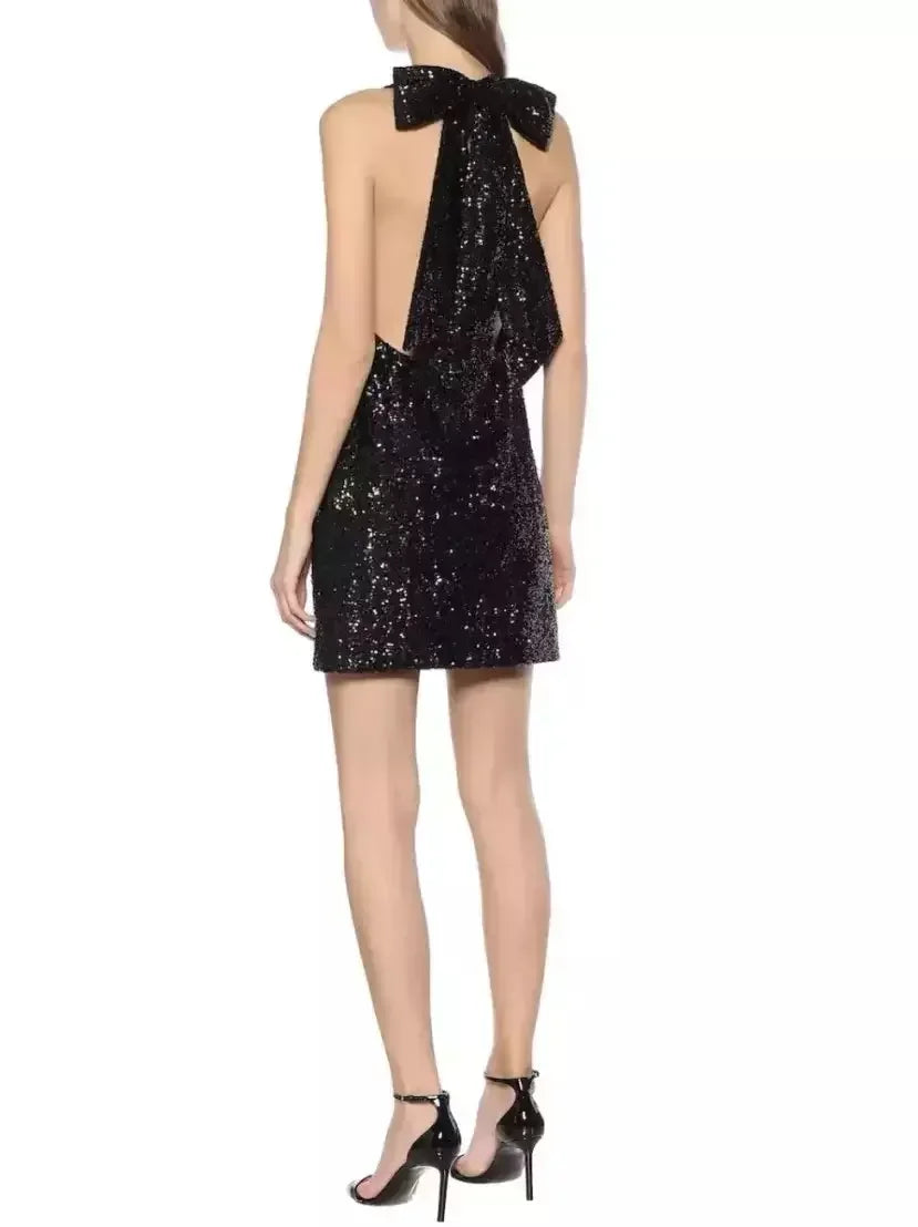 Black Sequin Low-Scoop Neckline Big Bow Mini Dress - Dresses