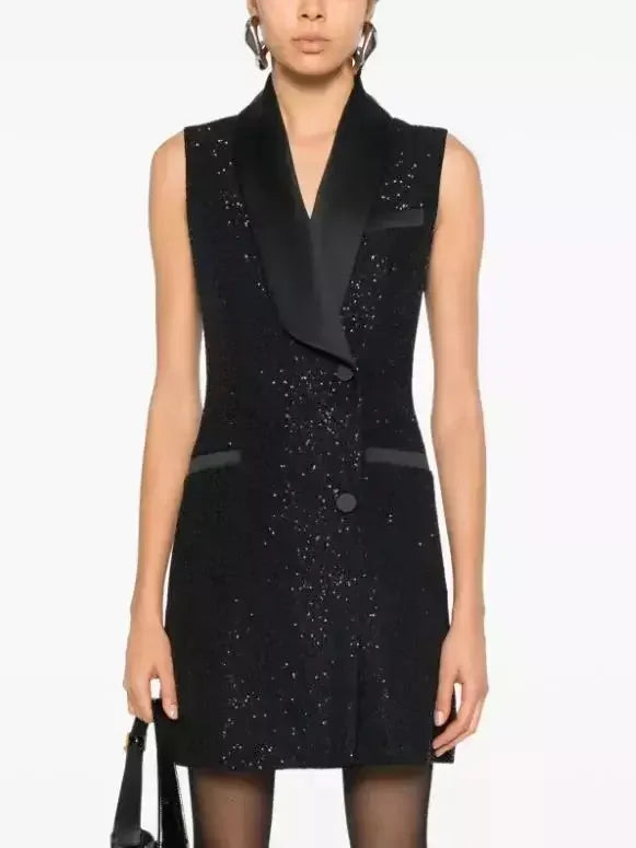 Black Sequin Vest Dress with Satin Trim - Dresses