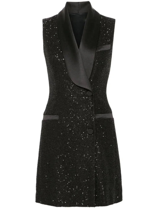 Black Sequin Vest Dress with Satin Trim - Dresses