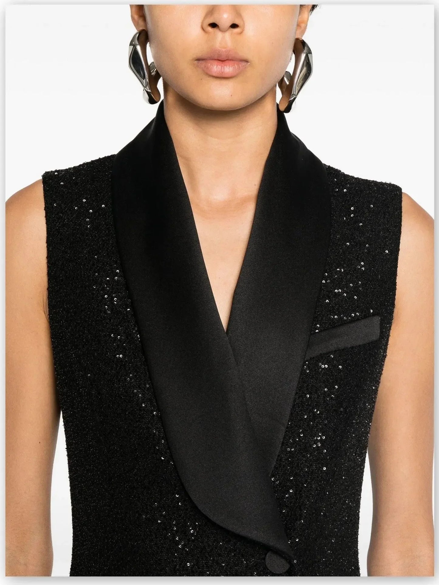 Black Sequin Vest Dress with Satin Trim - Dresses