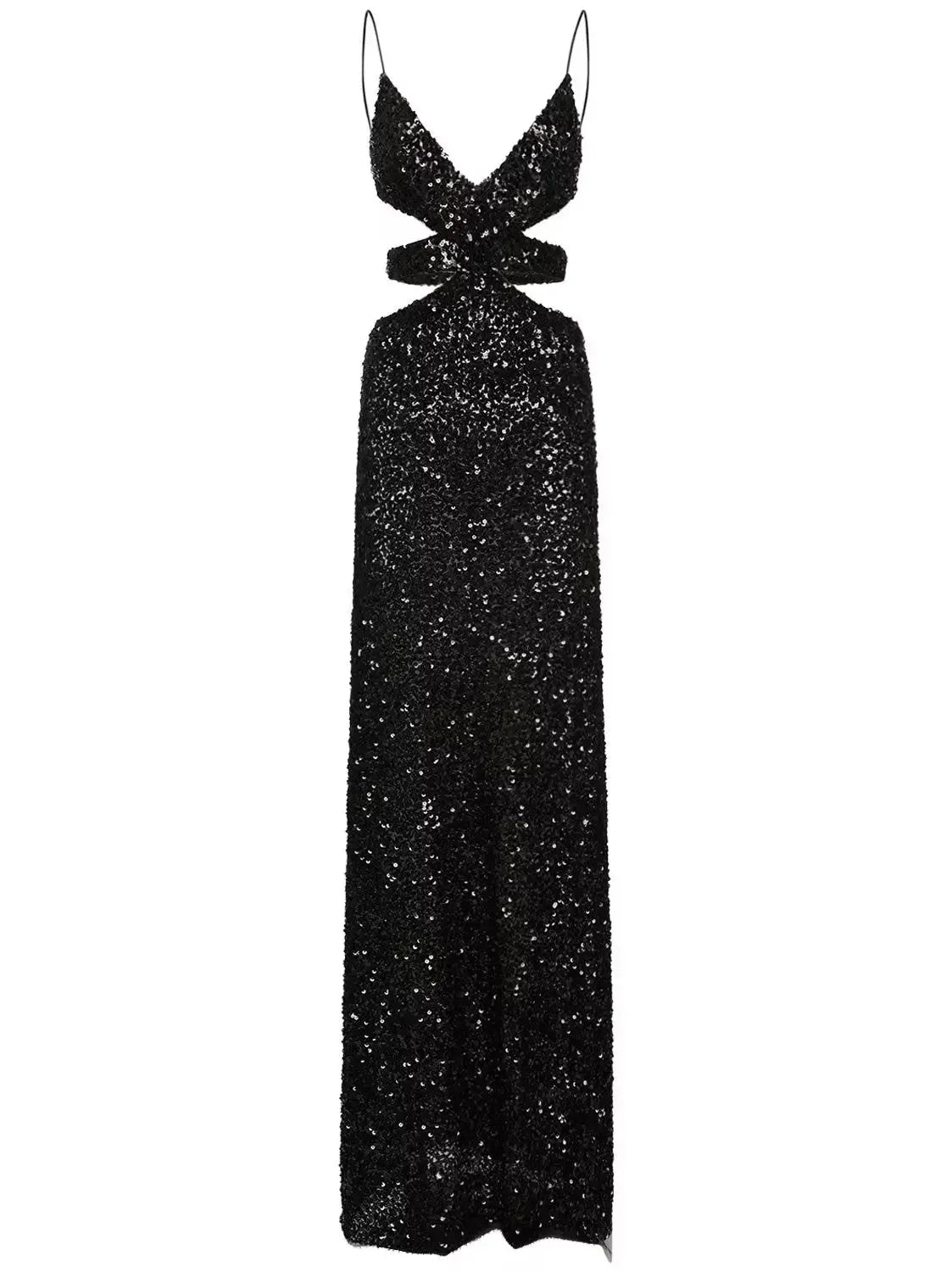 Black Sequined Cut Out Long Dress - Dresses