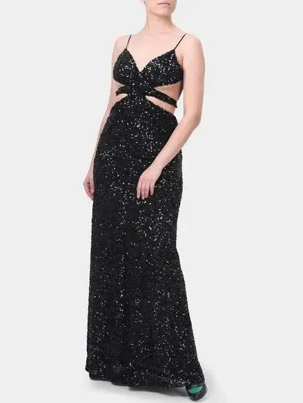 Black Sequined Cut Out Long Dress - Dresses