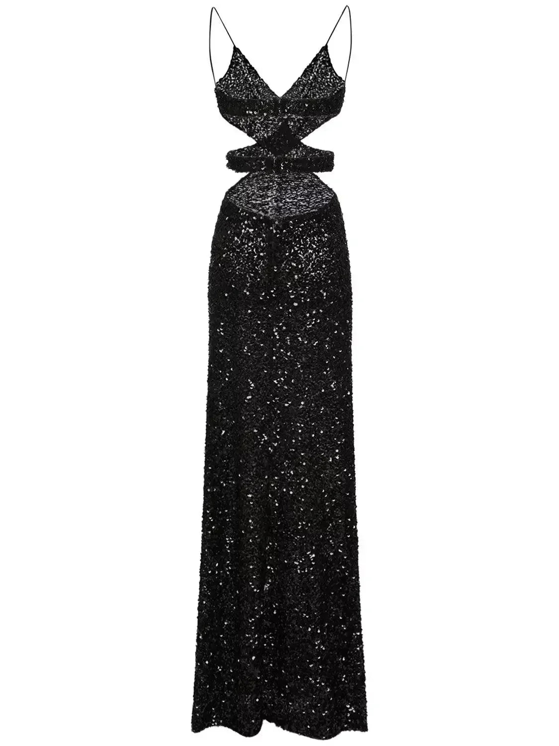 Black Sequined Cut Out Long Dress - Dresses