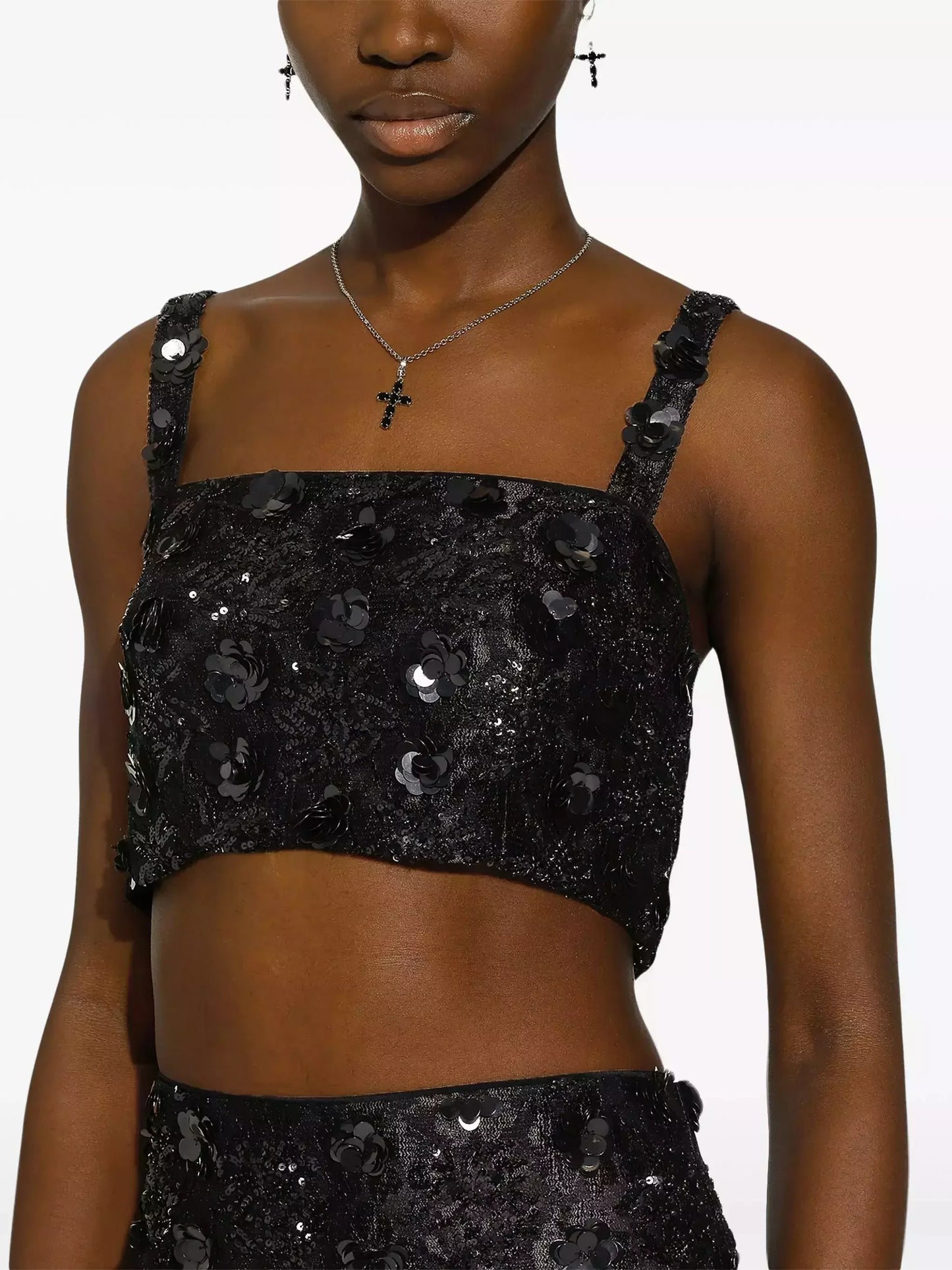 Black Sequined Sleeveless Bralette Top and Skirt Set - Suits & Sets