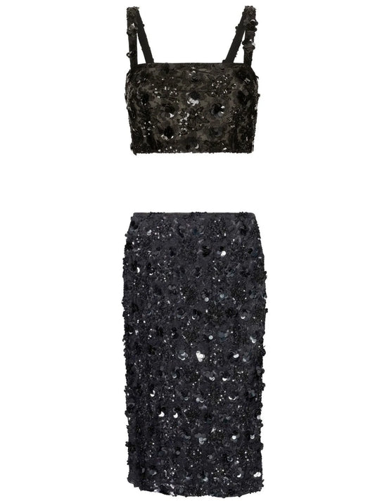 Black Sequined Sleeveless Bralette Top and Skirt Set - Suits & Sets