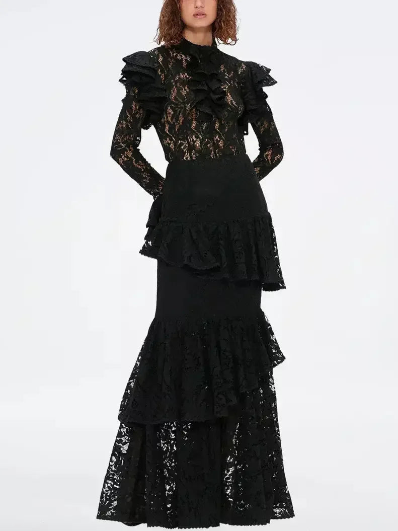 Black Sheer Lace Ruffled Blouse and Skirt Set - Suits & Sets
