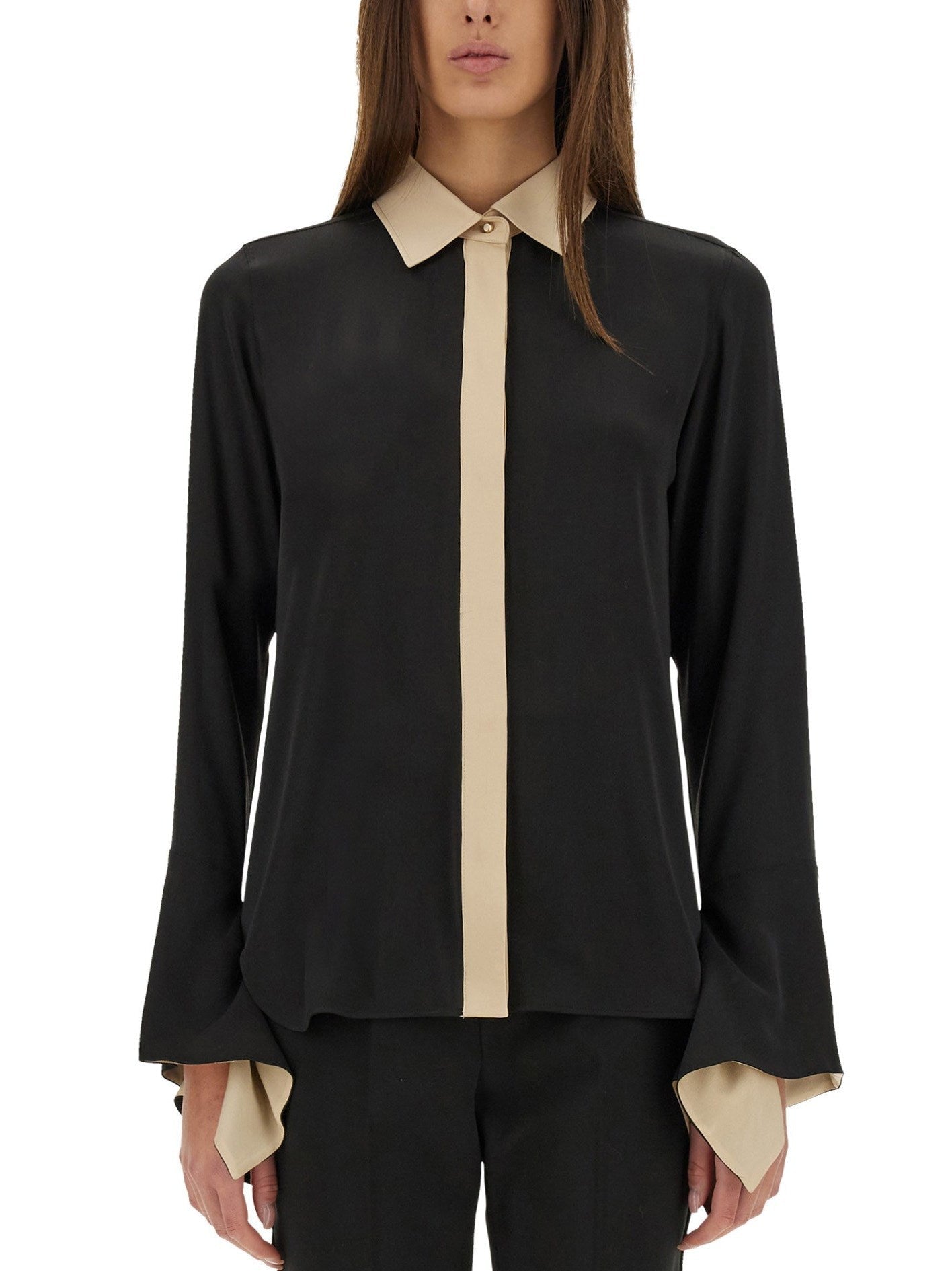 Black Silk Flared Sleeve Color-Contrast Shirt - Tops