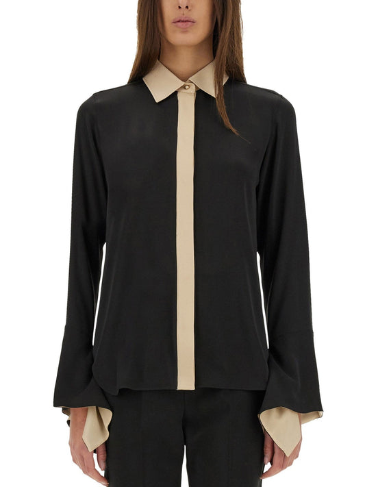 Black Silk Flared Sleeve Color-Contrast Shirt - Tops