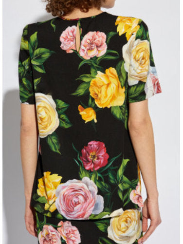 Floral print jumpsuit featuring a Black Silk Top and Pant Set with Multicolor Rose Print