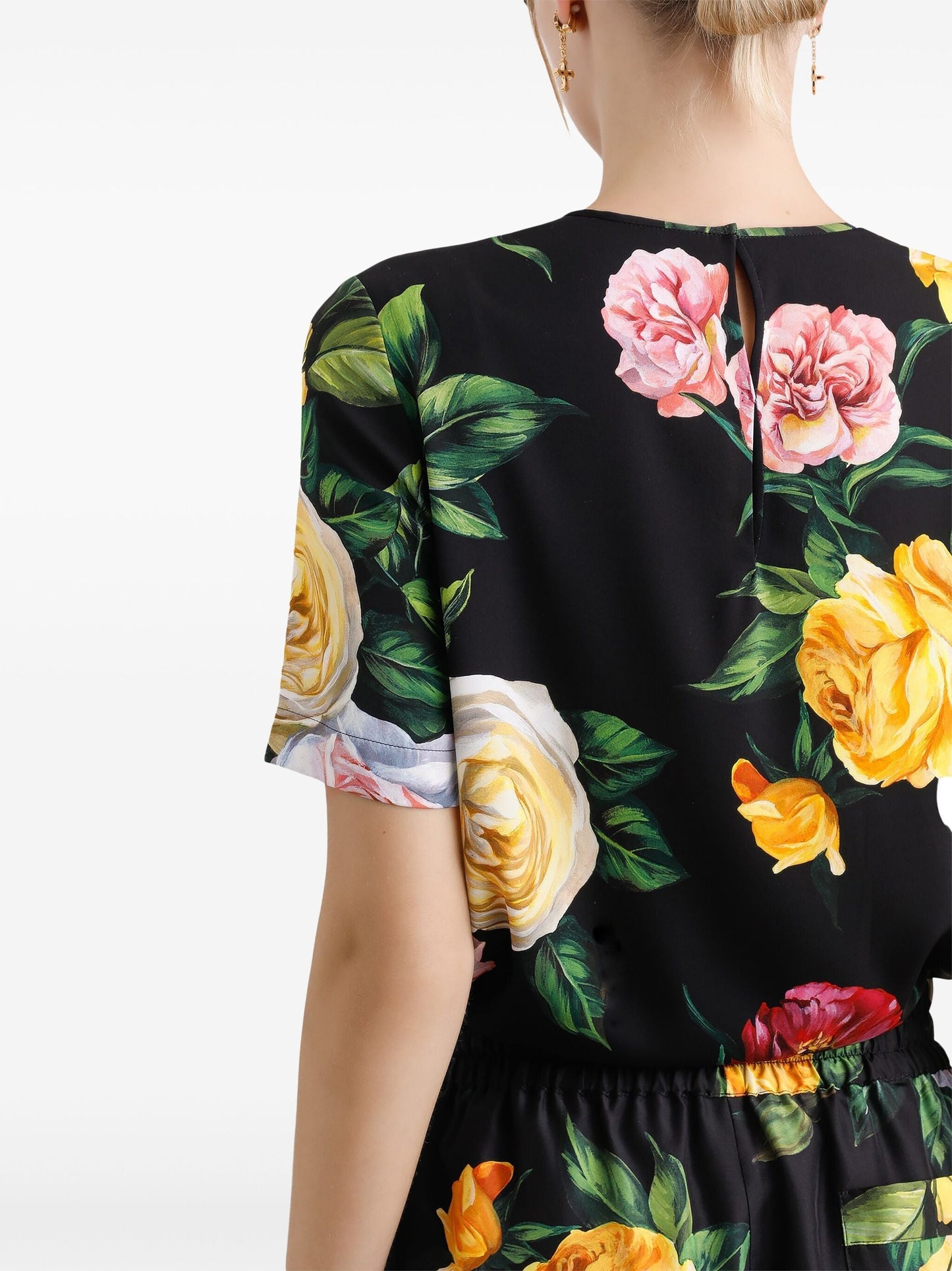 Elegant Black Silk Top and Pant Set featuring a vibrant Multicolor Rose Print