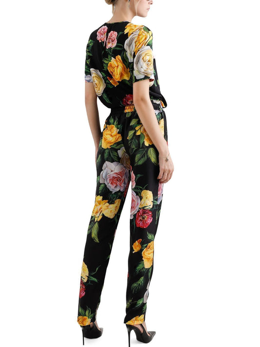 Floral print jumpsuit in Black Silk Top and Pant Set with Multicolor Rose Print
