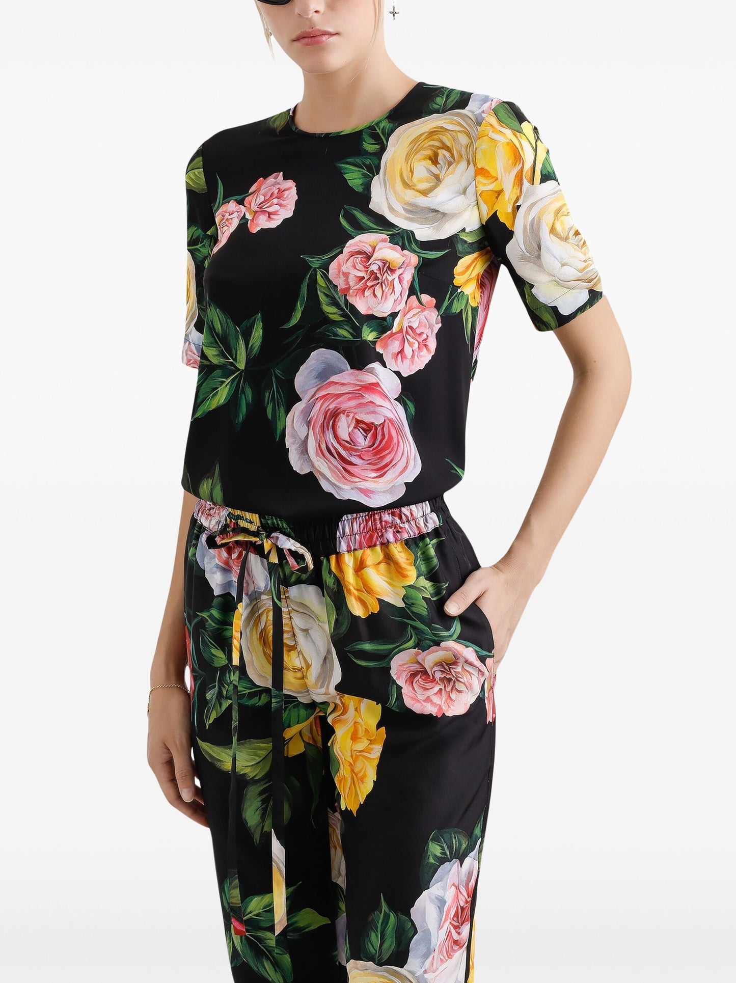Black Silk Pant Set with Multicolor Rose Print for stylish and comfortable loungewear